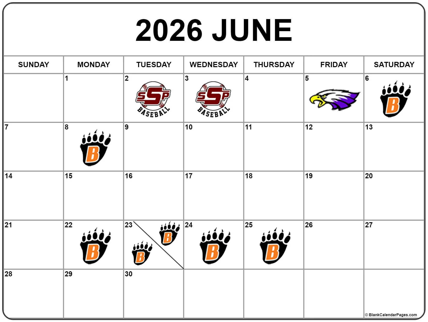 June 2026 calendar with sports team logos on specific dates: two San Francisco Giants baseball logos on June 2 and 3, a purple and white eagle logo on June 5, a bear paw print with an orange B on June 6, 8, 23, 24, and 26.