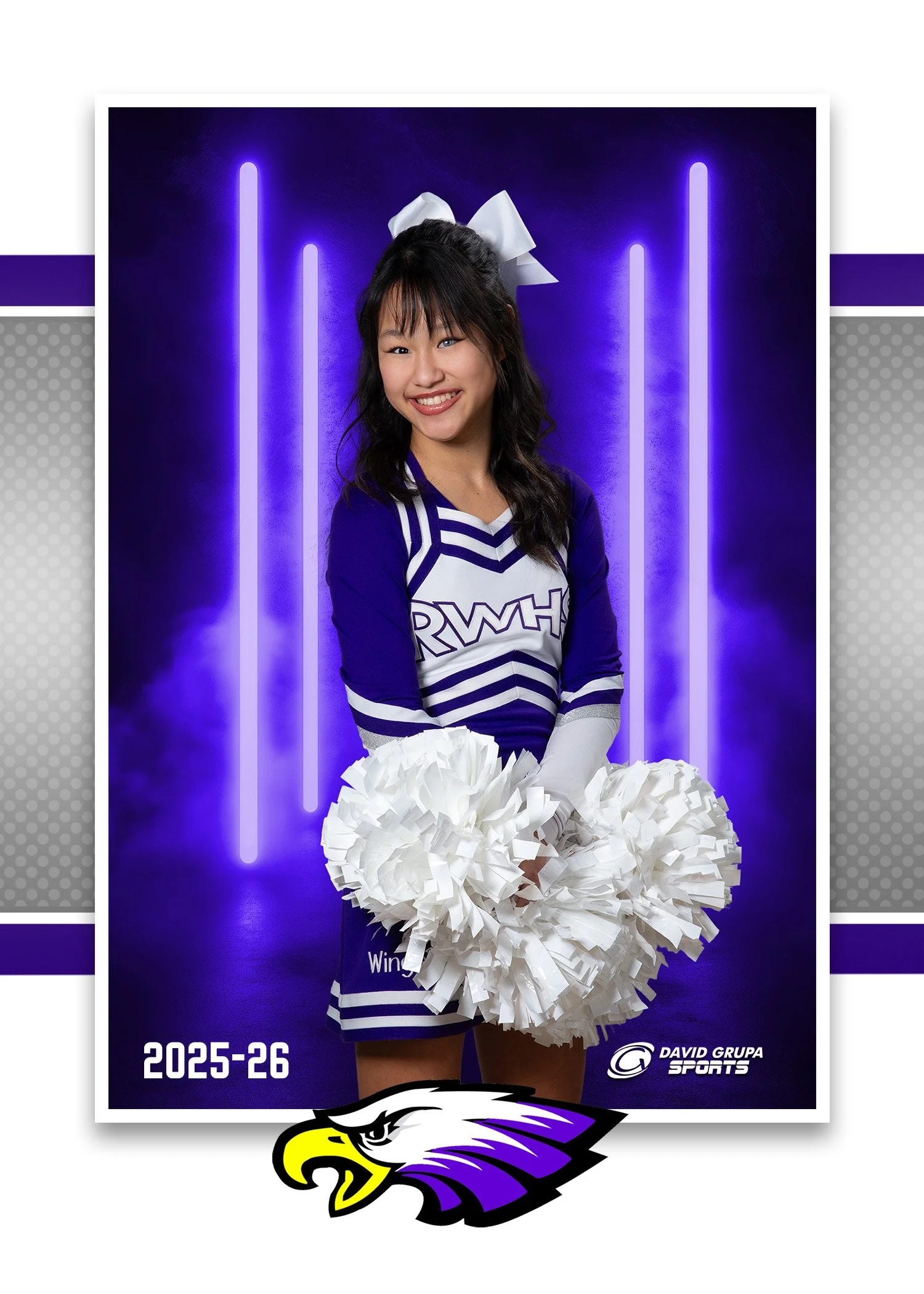 Young woman in cheerleader uniform holding white pom-poms, smiling, background with purple neon lights, year 2025-26, Ravens cheerleading team, David Grupa Sports logo.