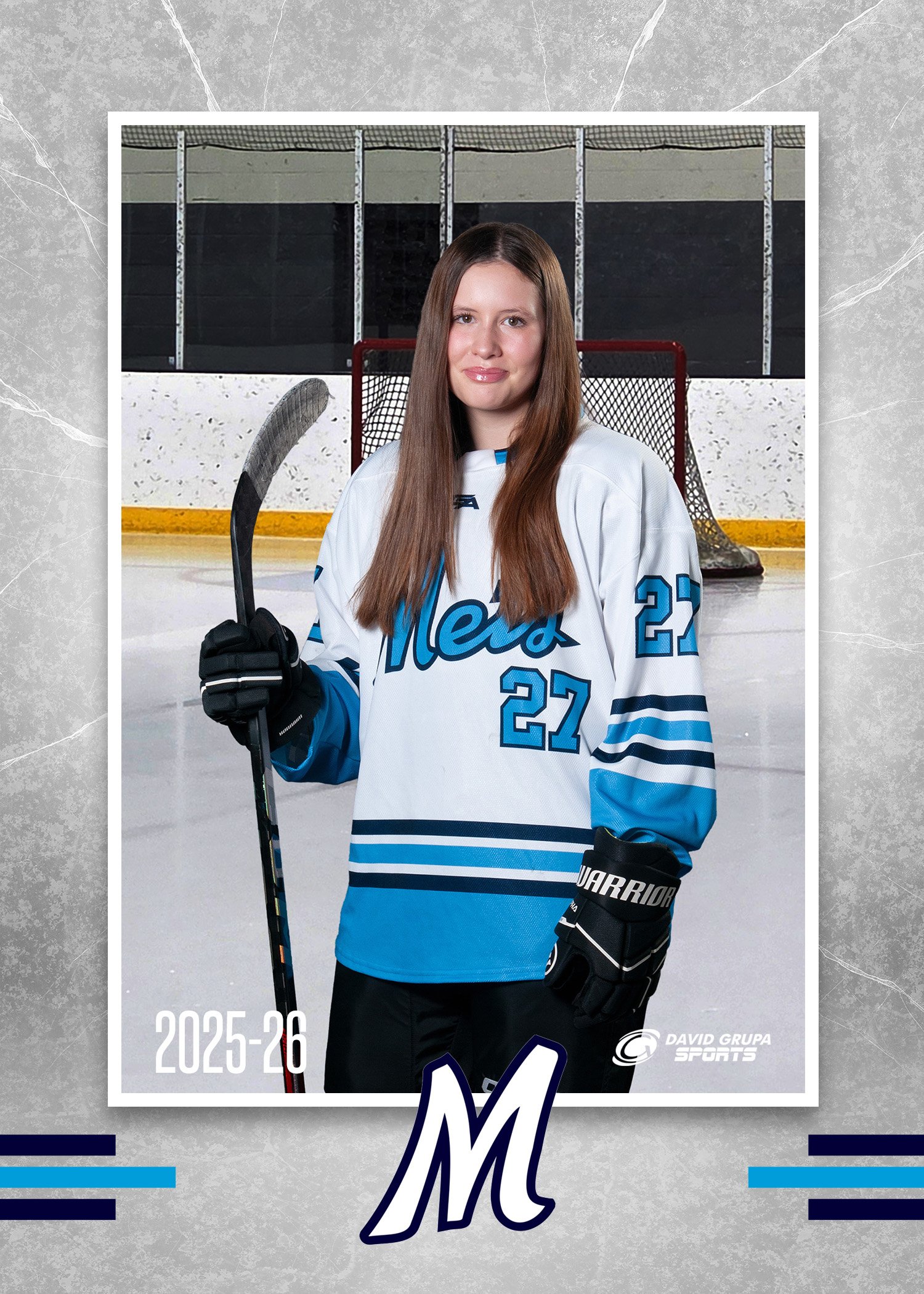 A female hockey player stands on an ice rink holding a hockey stick, wearing a white and blue jersey with the number 27, in front of a goal net, with a graphic design and the text '2025-26' and a large stylized 'M' logo.