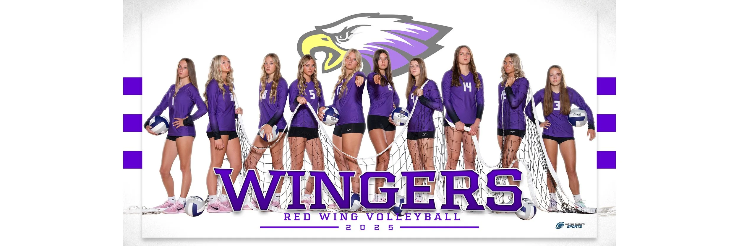 A group of nine female volleyball players in purple uniforms standing in front of a logo featuring a purple and yellow eagle head, holding volleyballs, with a volleyball net draped around them, and the text "Wingers Red Wing Volleyball 2025" at the bottom.