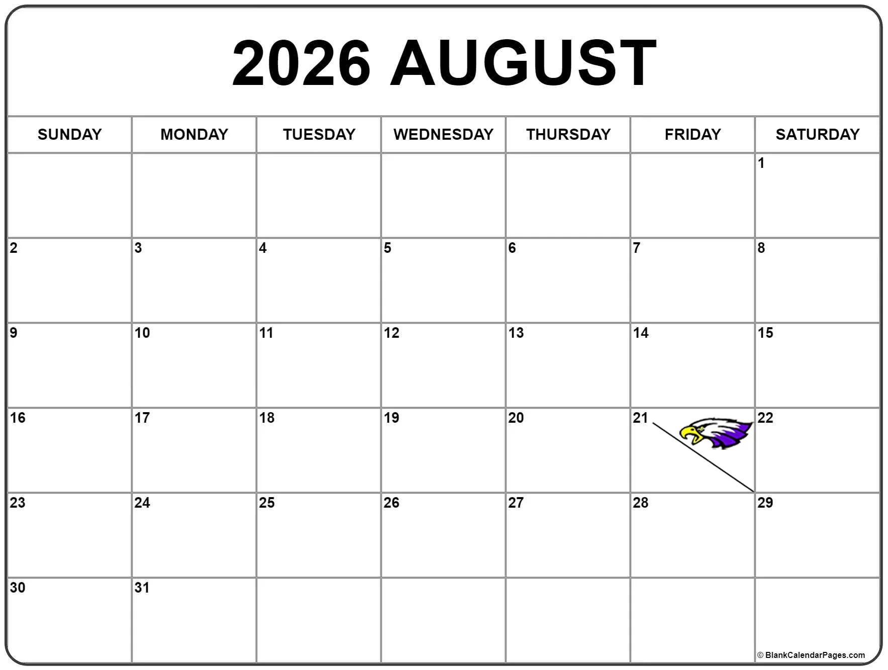 August 2026 calendar page with a purple and white eagle logo on August 21st.
