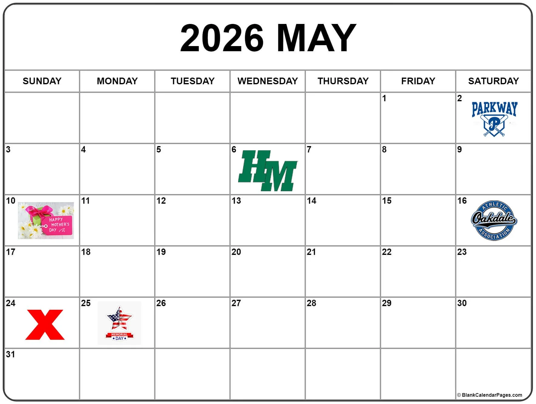 May 2026 calendar with sports team, holiday, and special event icons.