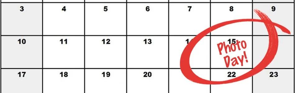 Blank monthly calendar with the date 15 marked in red, and a red circle around it with the words 'Photo Day!' written inside.
