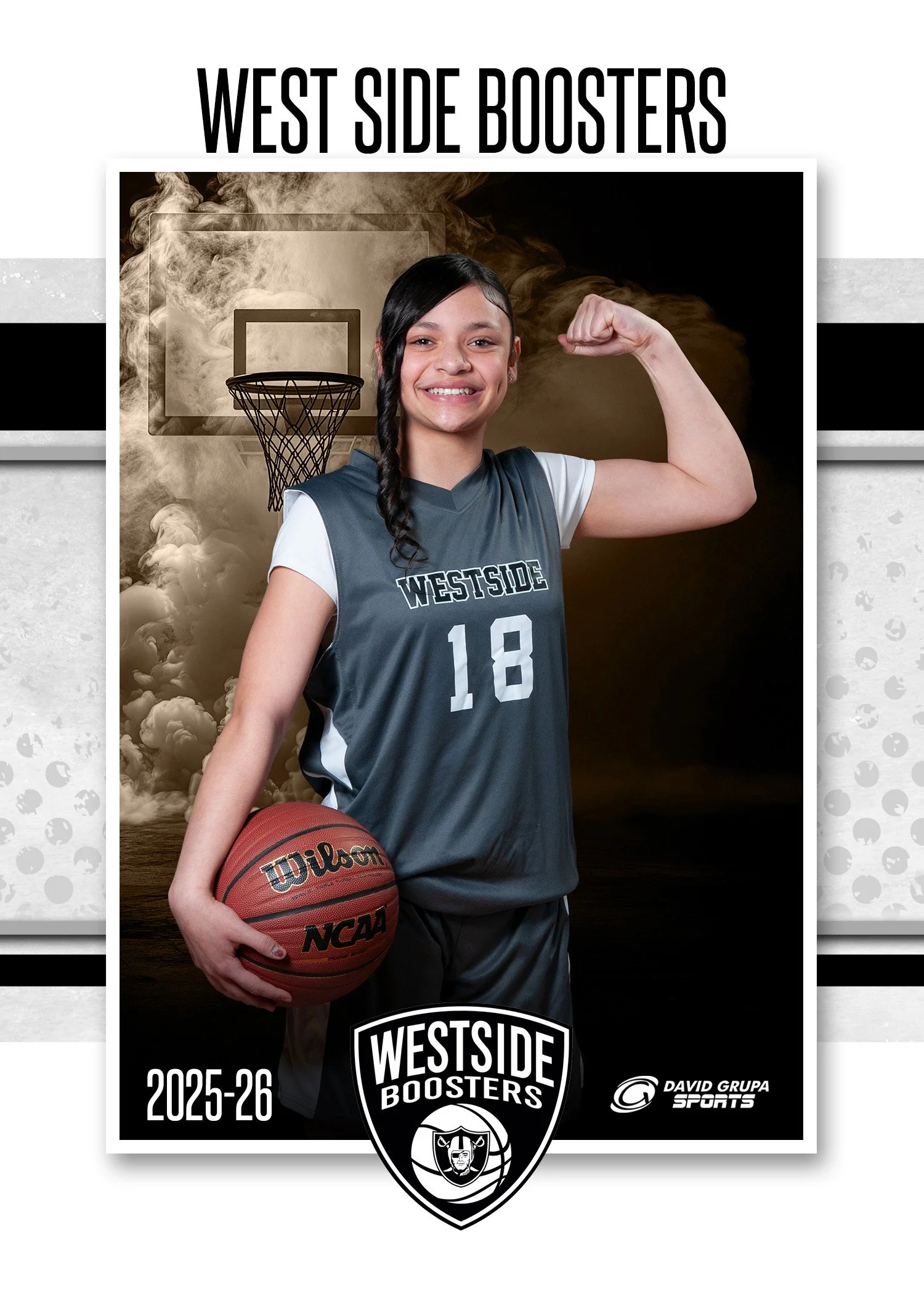 A young female basketball player in a Westside Boosters jersey flexes her arm and smiles, holding a basketball. The background features a basketball hoop and a smoky effect, with text indicating the team, season 2025-26, and team sponsors.