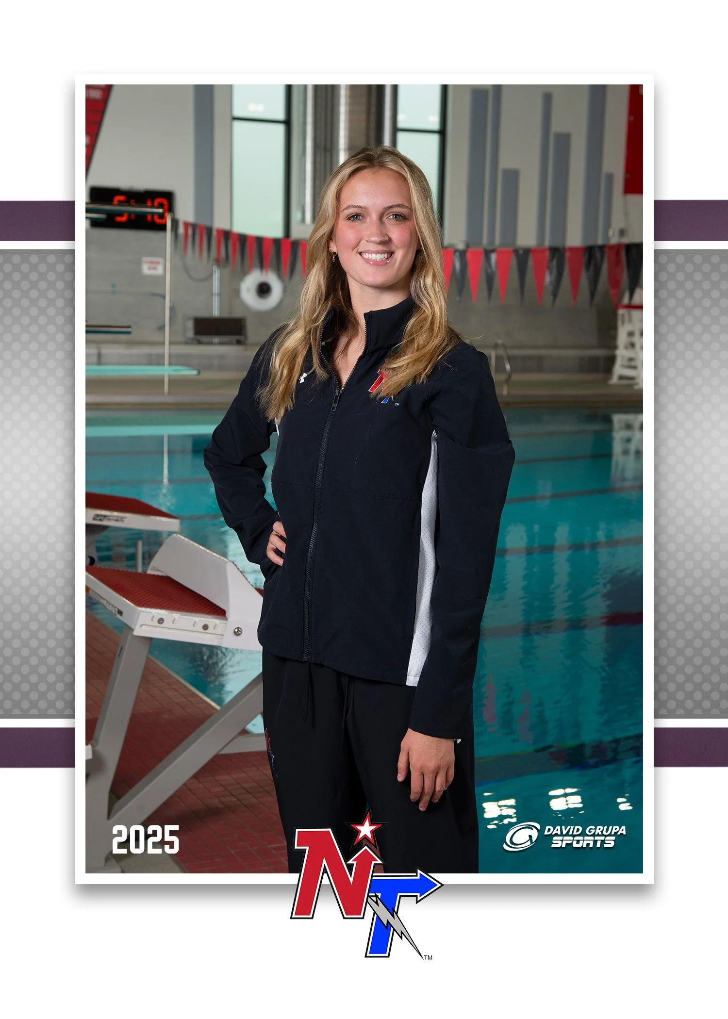 A young woman in a navy jacket standing poolside at an indoor swimming pool, smiling, with red and black pennant banners in the background, and logos of Nebraska Cornhuskers and David Grupa Sports at the bottom of the image.