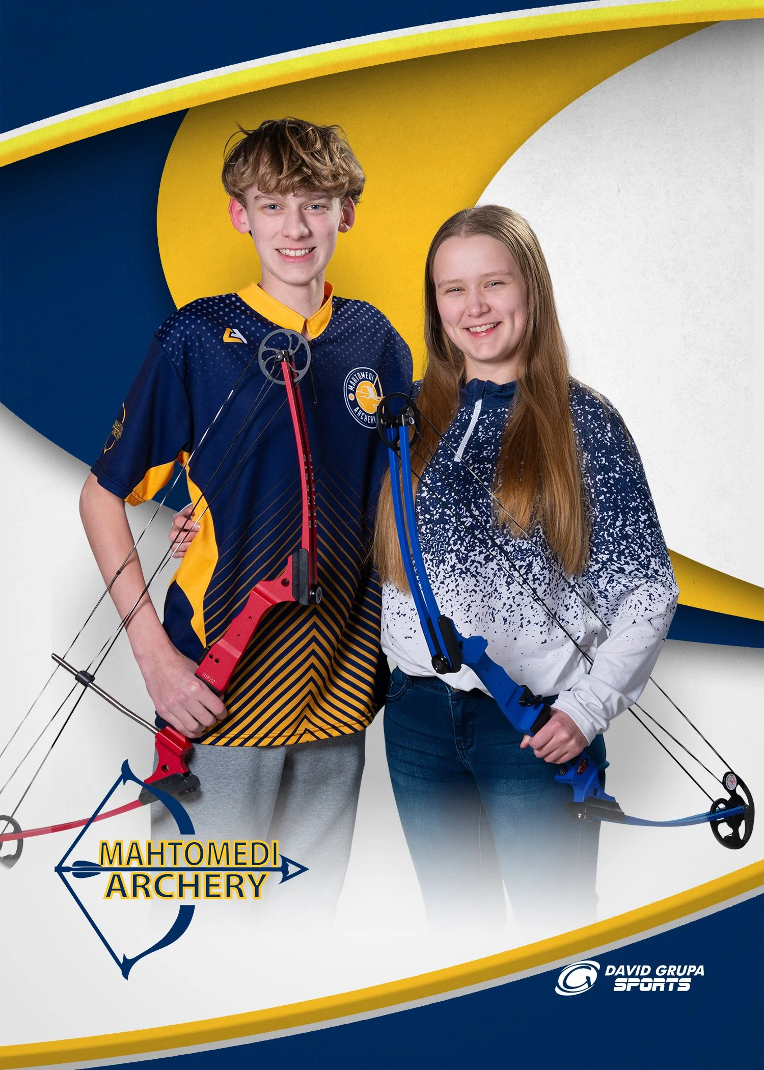 Two young archers, a boy and a girl, smiling and holding bows, standing in front of a colorful background with the words "Mahtomedi Archery" and the logo of David Grupa Sports.
