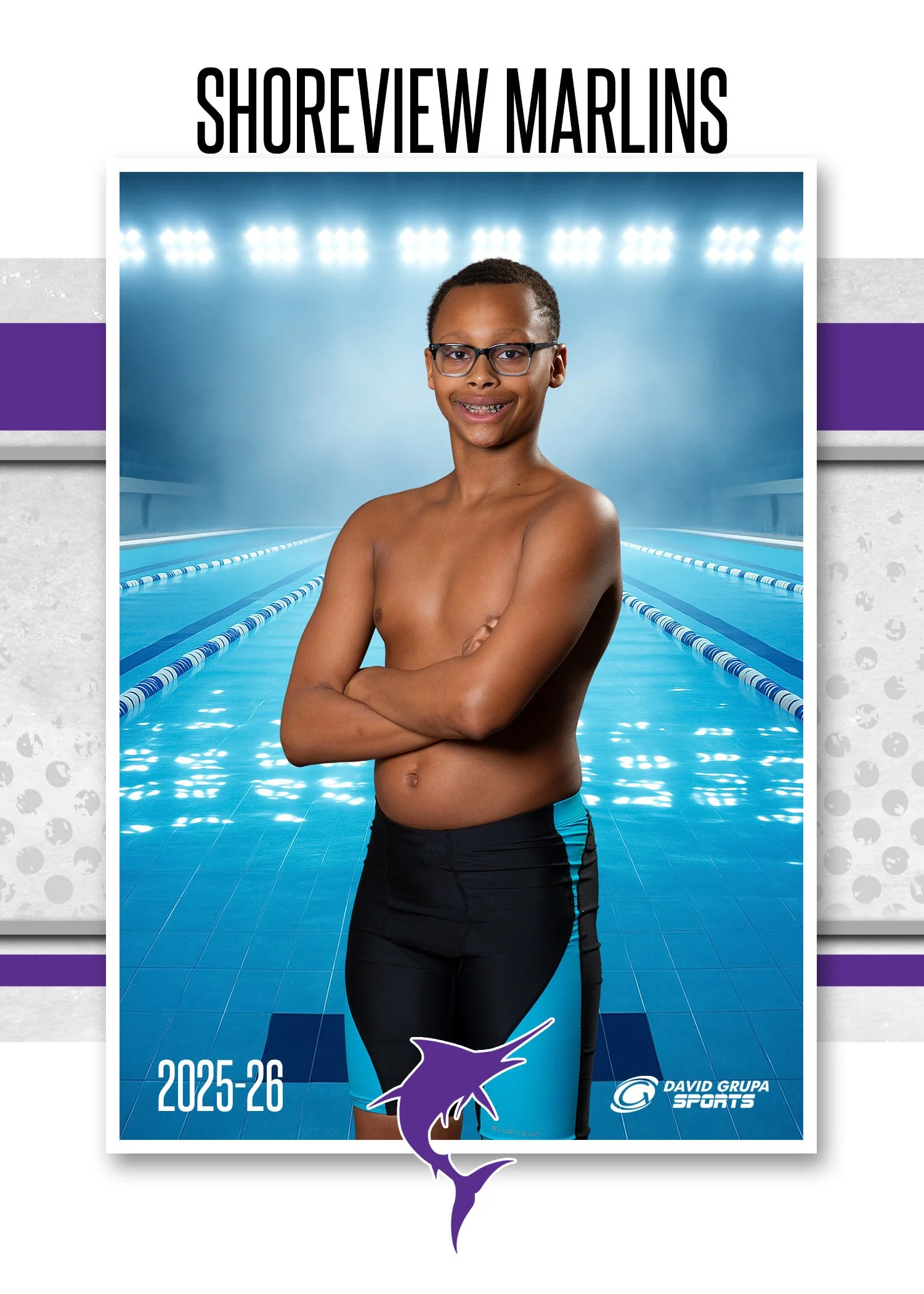 A young swimmer with glasses stands confidently in front of an indoor swimming pool with arms crossed. The background features the pool lanes and overhead lights, and at the top, there is text that reads 'SHOREVIEW MARLINS'. The image also shows the 