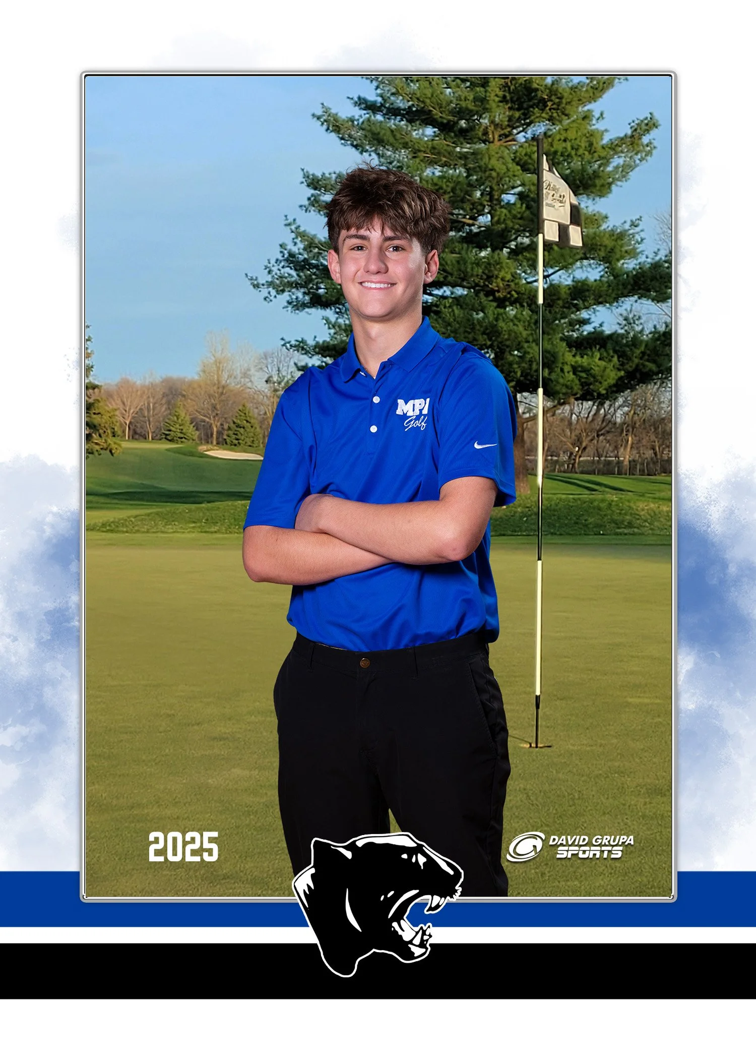 Portrait of a young man wearing a blue polo shirt with 'MPI Golf' logo, standing with arms crossed on a golf course with green grass, trees, and a flag in the background, and the year 2025 and a sports logo at the bottom.