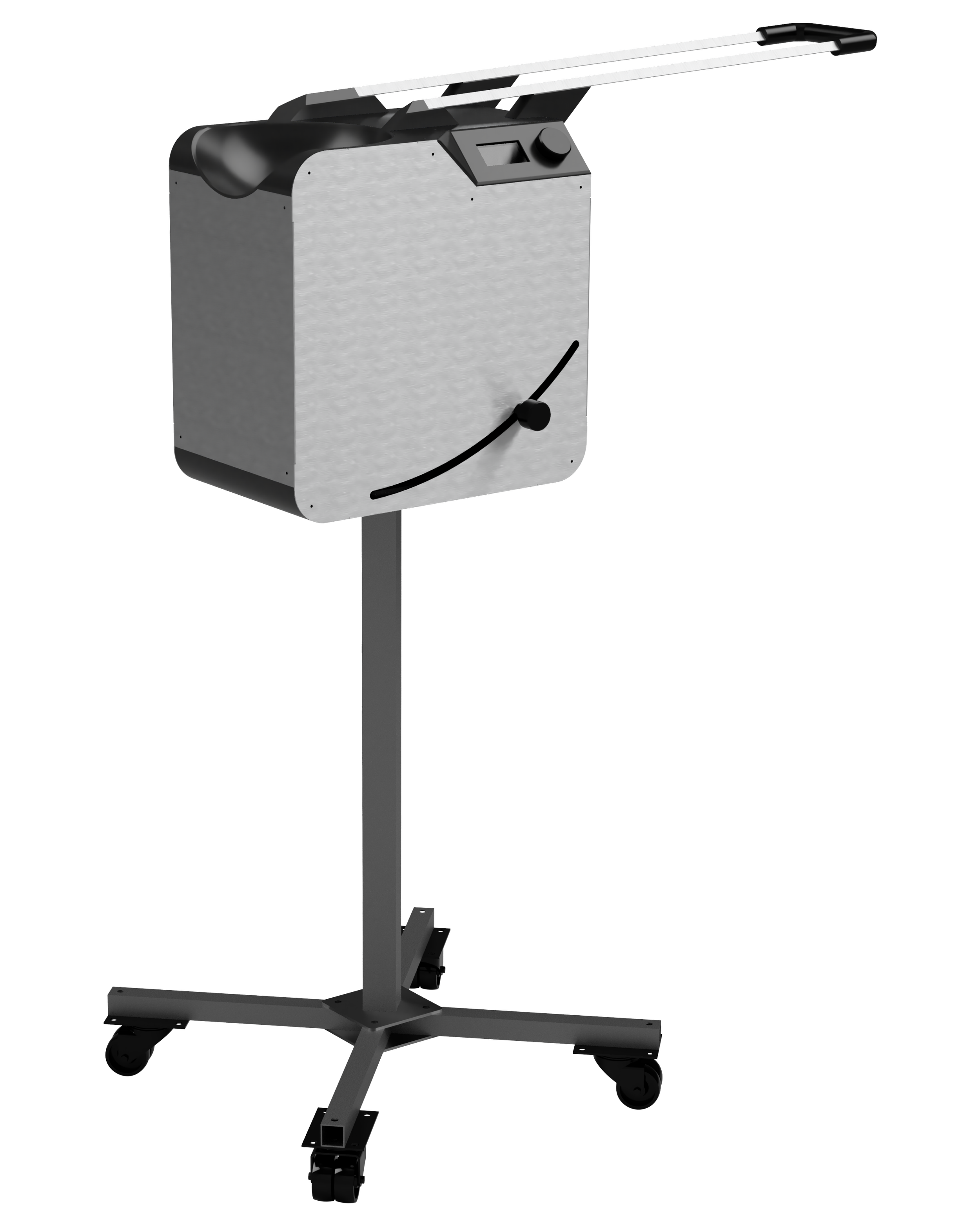 Computer rendering of the Lineshot Launcher, a device that launches a volleyball consisting of a rounded rectangular frame on top of a base with four wheels.