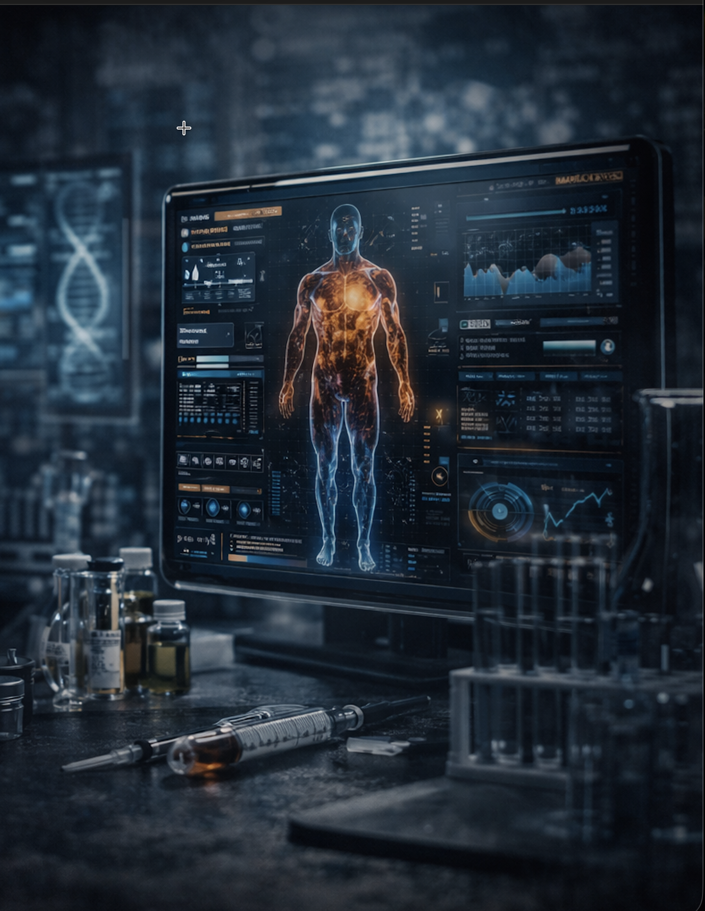 A digital medical display showing a human body with data and health metrics, surrounded by medical supplies including test tubes, medications, and a syringe, in a laboratory setting.