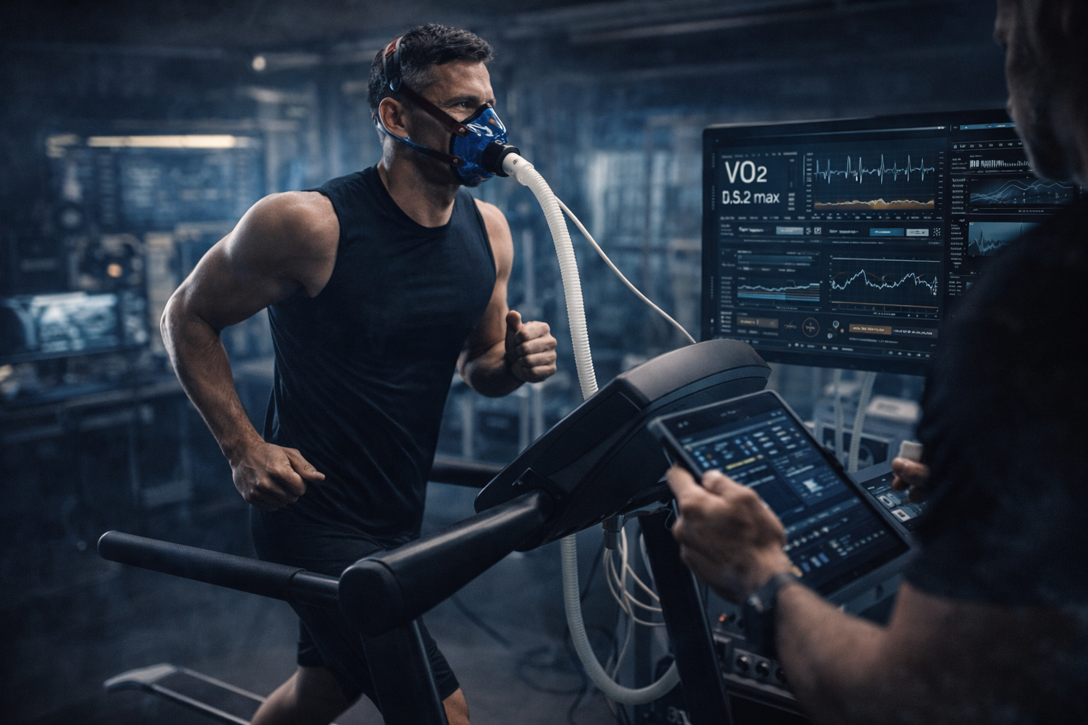A man running on a treadmill in a gym, wearing a face mask connected to a breathing apparatus, with a monitor displaying oxygen and heart rate data.