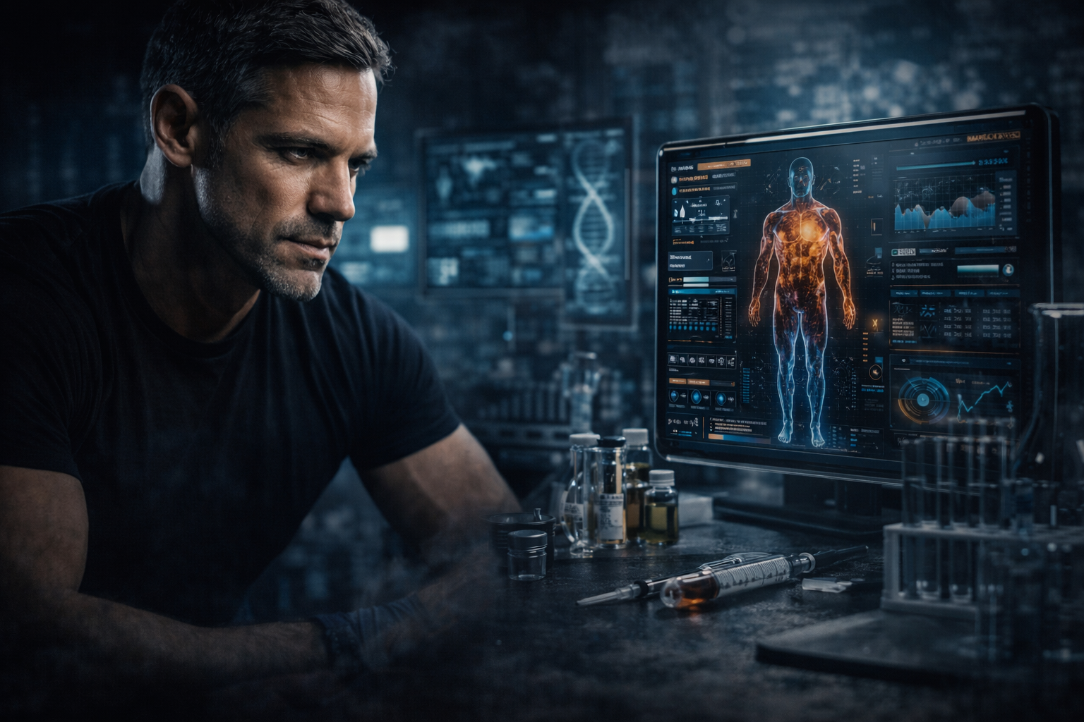 A scientist in a dark laboratory examines a digital human body display on a computer screen, with laboratory equipment like test tubes and syringes on the table.