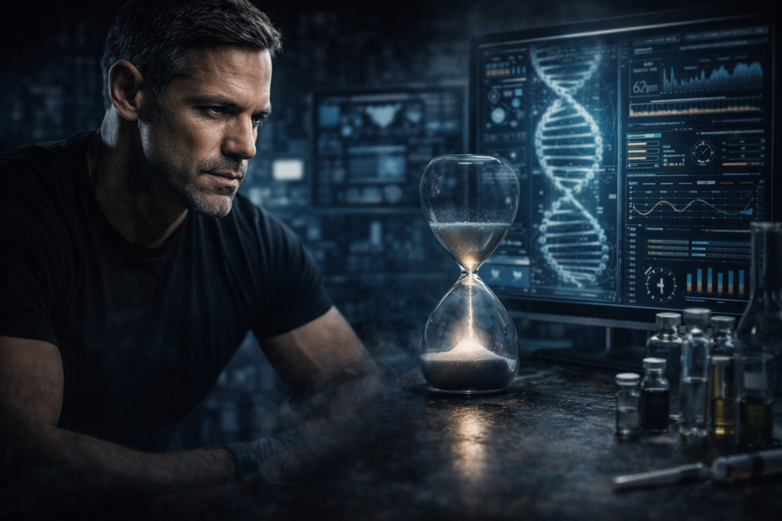 A scientist looking at an hourglass with a DNA strand on a digital screen in the background, in a laboratory setting.