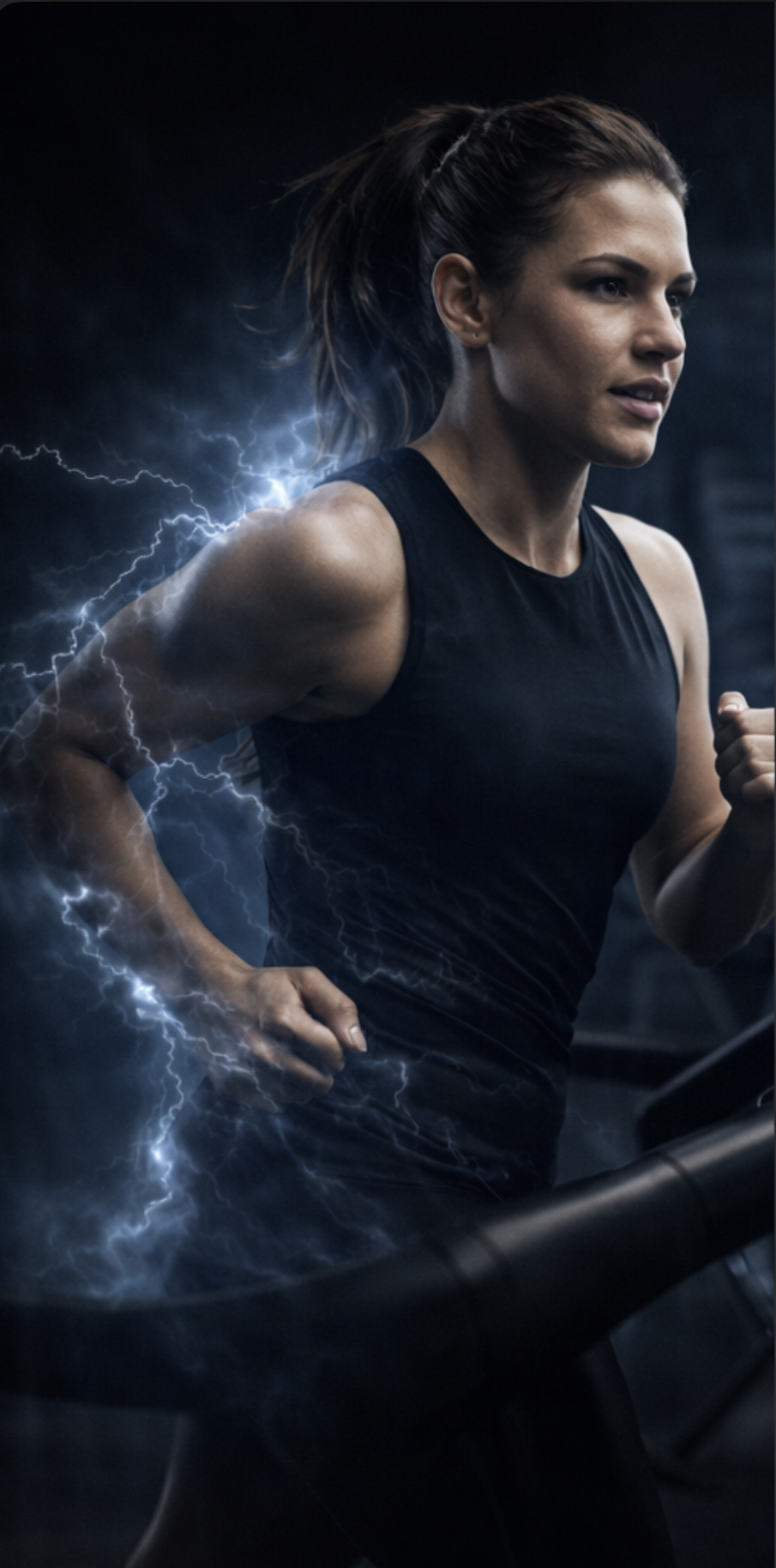 A woman running on a treadmill with lightning effects around her arm and upper body.