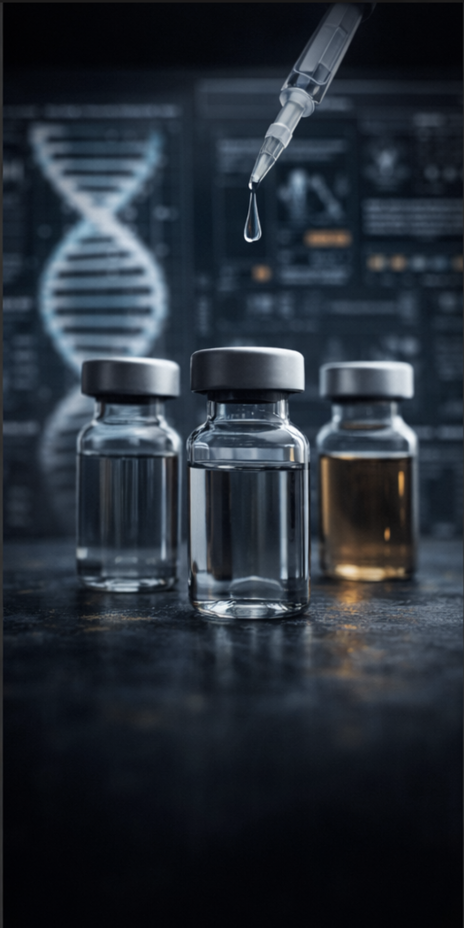 Three glass vials with gray caps placed on a dark surface, with a pipette dropping liquid into one of the vials, and a blurred DNA helix in the background.