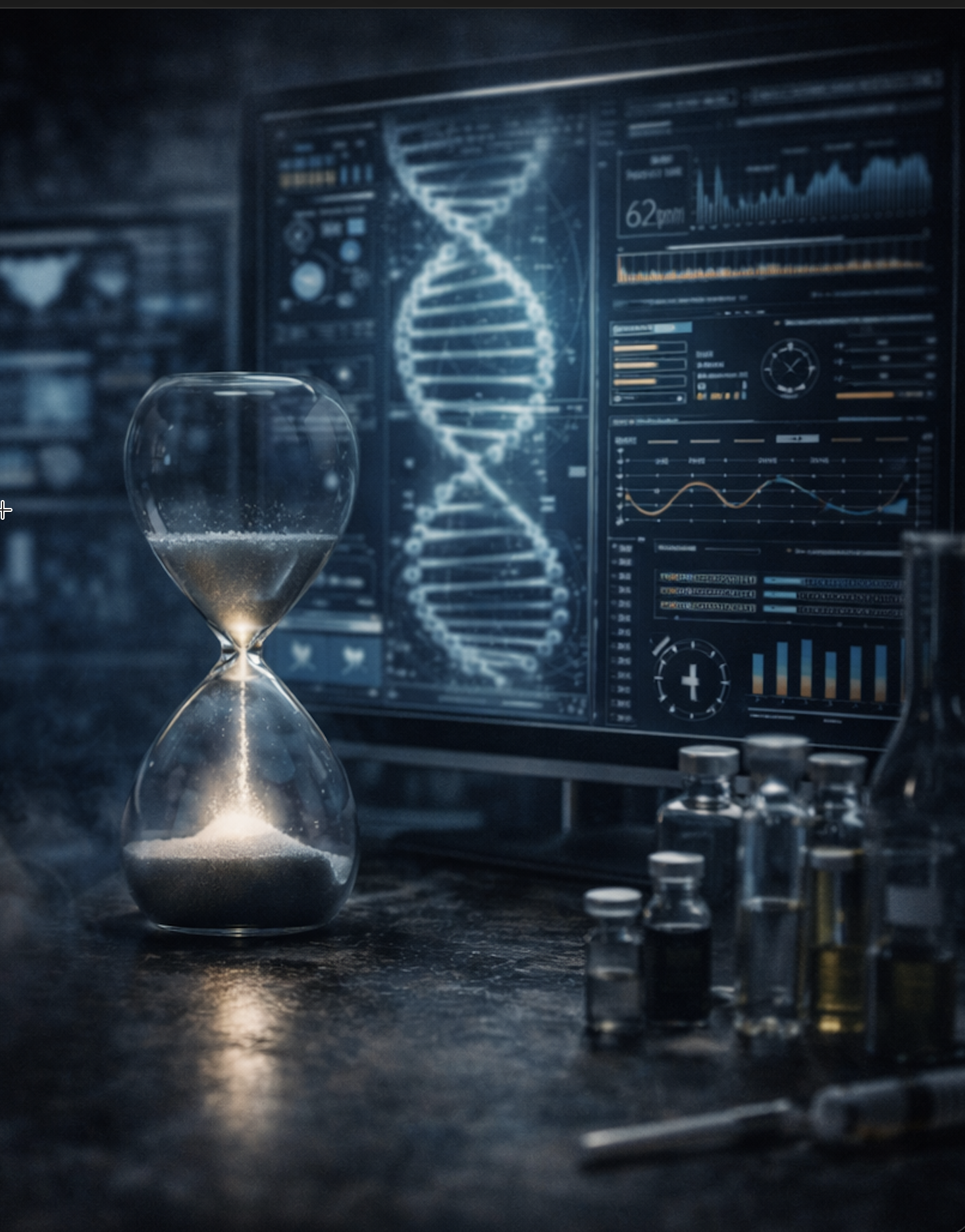 A laboratory setup with an hourglass, test tubes, and a digital screen displaying DNA double helix and genetic data analysis.