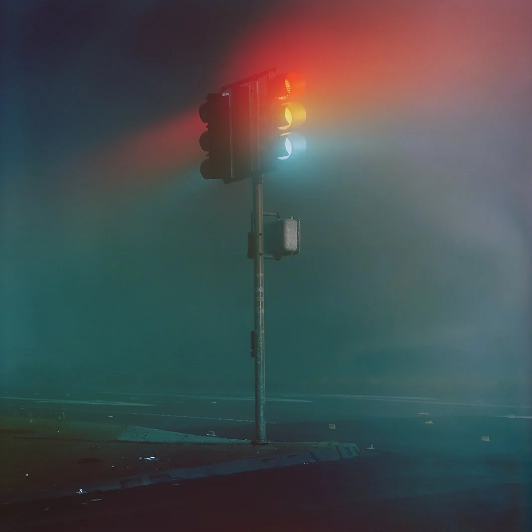 Traffic light displaying red, yellow, and green signals with foggy weather