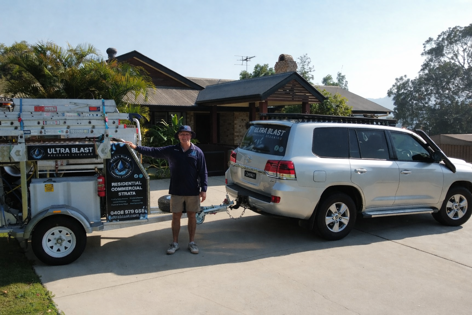 A man standing next to a silver SUV connected to a pressure cleaning trailer labeled Ultra Blast, in a residential driveway with a house, trees, and blue sky in the background.