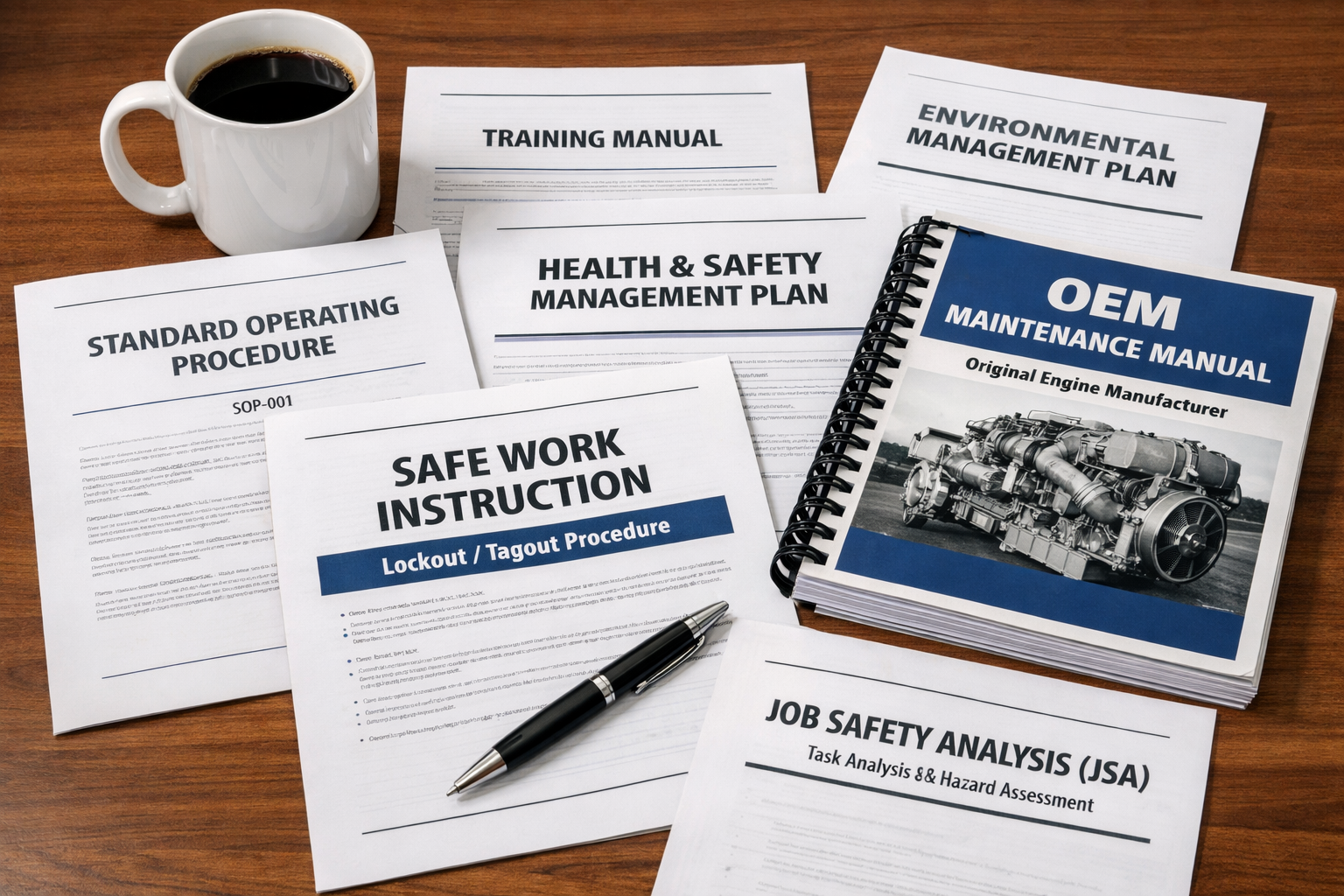 Completed mining risk assessment and training documents on a desk, showing site-specific safety planning and compliance documentation for heavy industry.