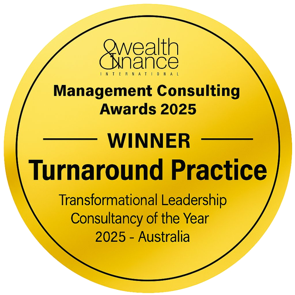 Gold award badge recognising Turnaround Practice for transformational leadership consultancy in Australia, Management Consulting Awards 2025.