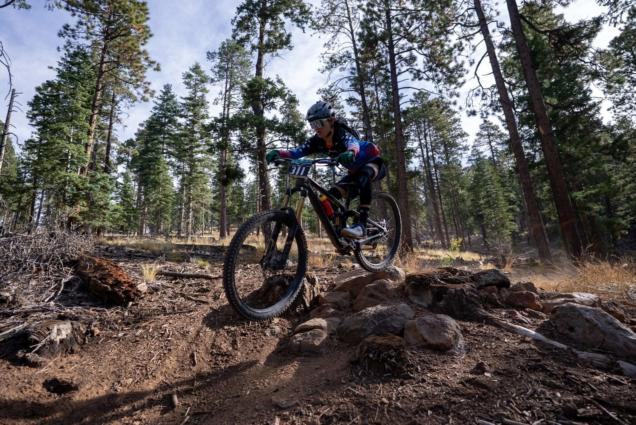 A person riding a mountain bike down a rugged dirt trail in a forest of tall pine trees.