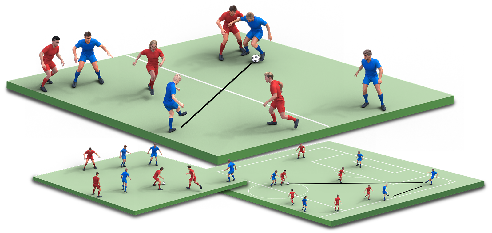 A 3D illustration of people playing soccer on various field layouts, including a full field, a smaller indoor field, and a penalty area, with players in red and blue jerseys.