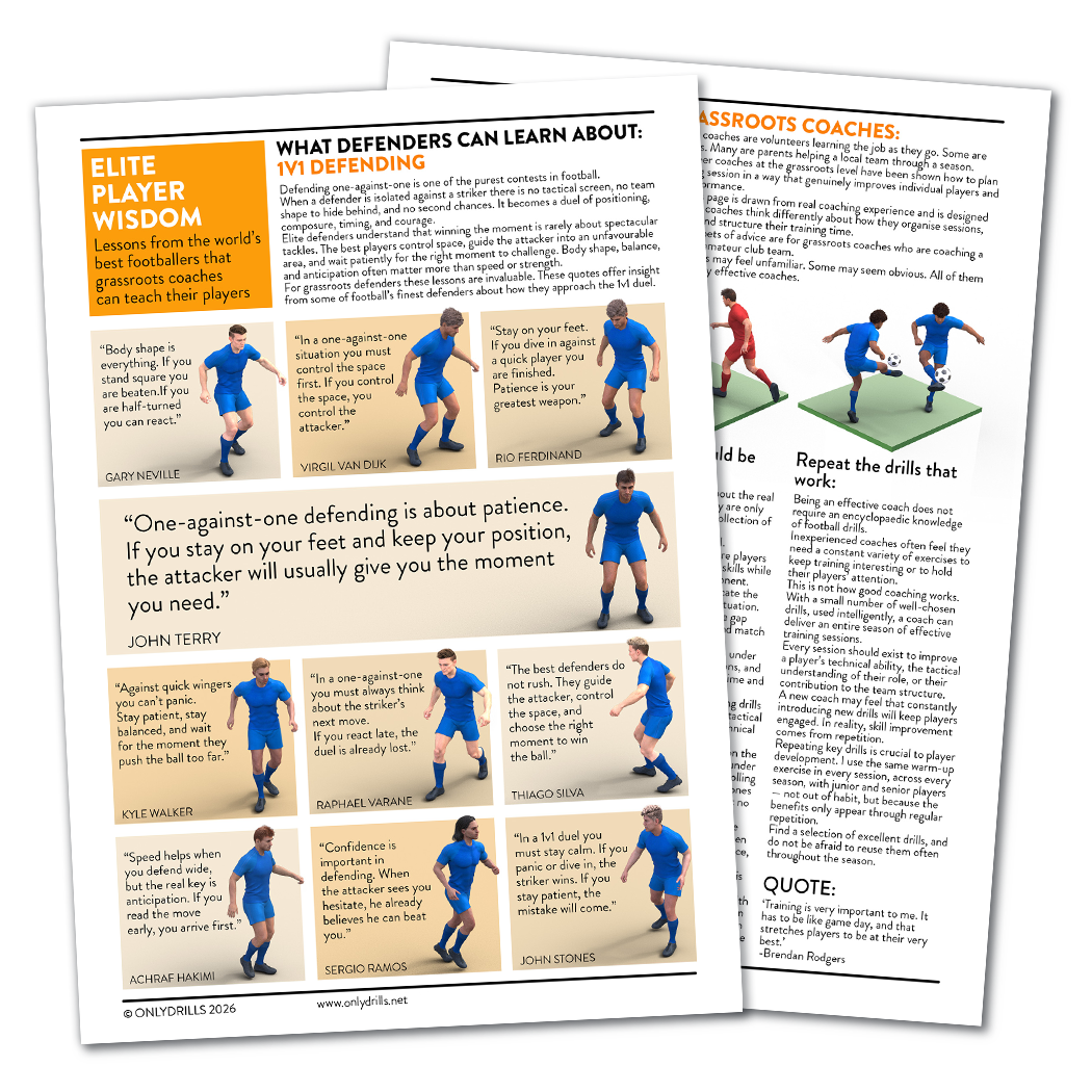 Two pages from a guide on 1v1 soccer defending techniques, featuring images of a player in blue performing different defensive stances and drills, along with each quote and tip for defenders. The pages include tips from football coaches and players about body shape, patience, quick reactions, and confidence in defending.