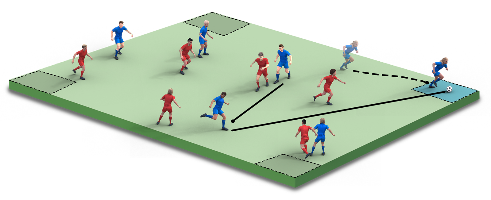 Illustration of a soccer game with players in blue and red uniforms on a field, showing a passing play with arrows indicating the ball's movement.