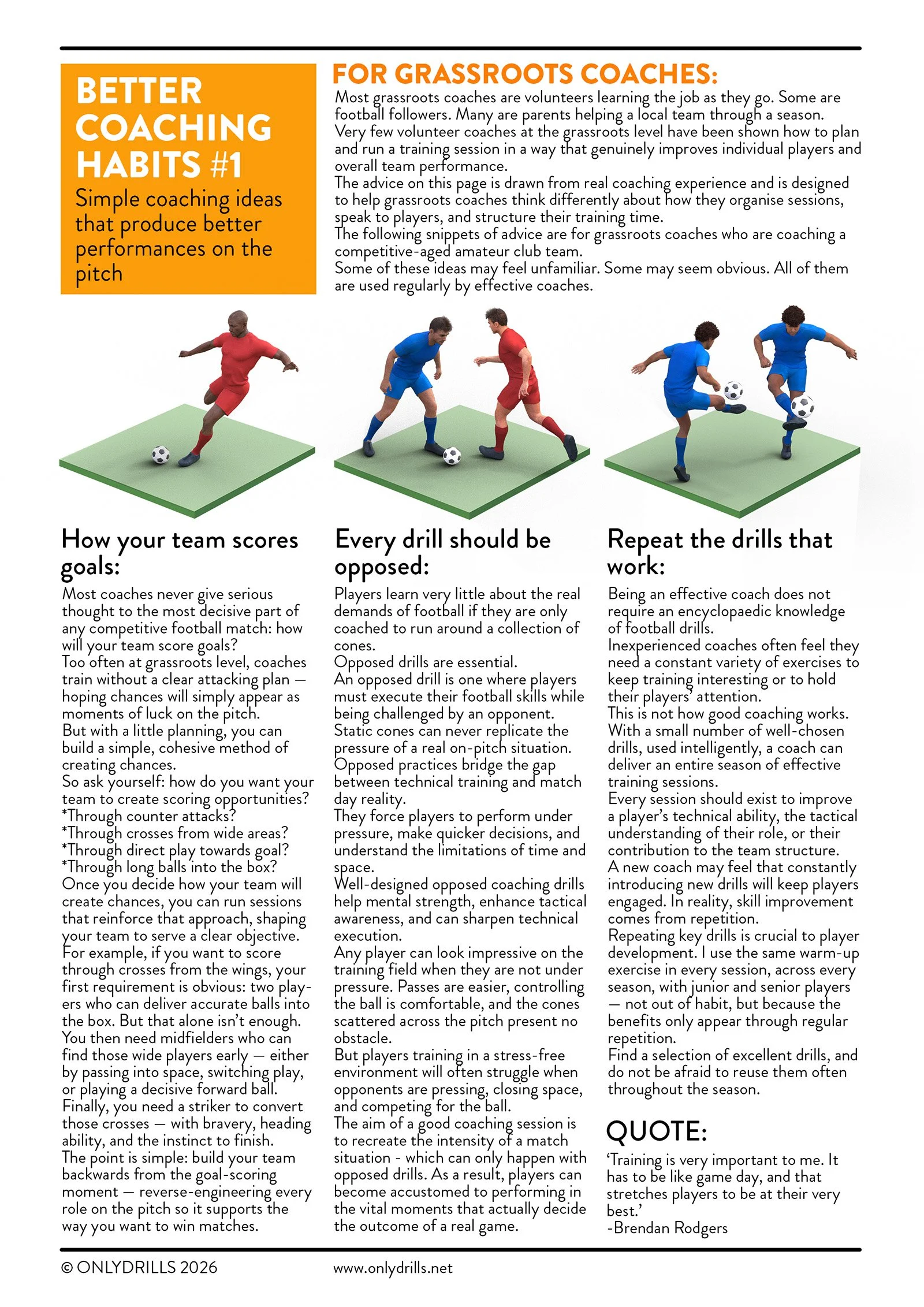 A printed guide with coaching tips for grassroots soccer coaches, including images of soccer players practicing and a quote about training from Brendan Rodgers.