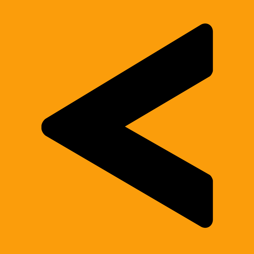 A large black arrow pointing left on an orange background.