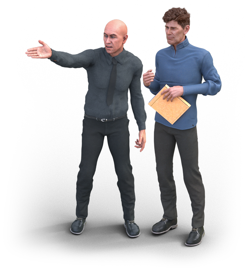 Two men engaged in a discussion; one man is gesturing with his arm extended, and the other is holding a folder or notebook.