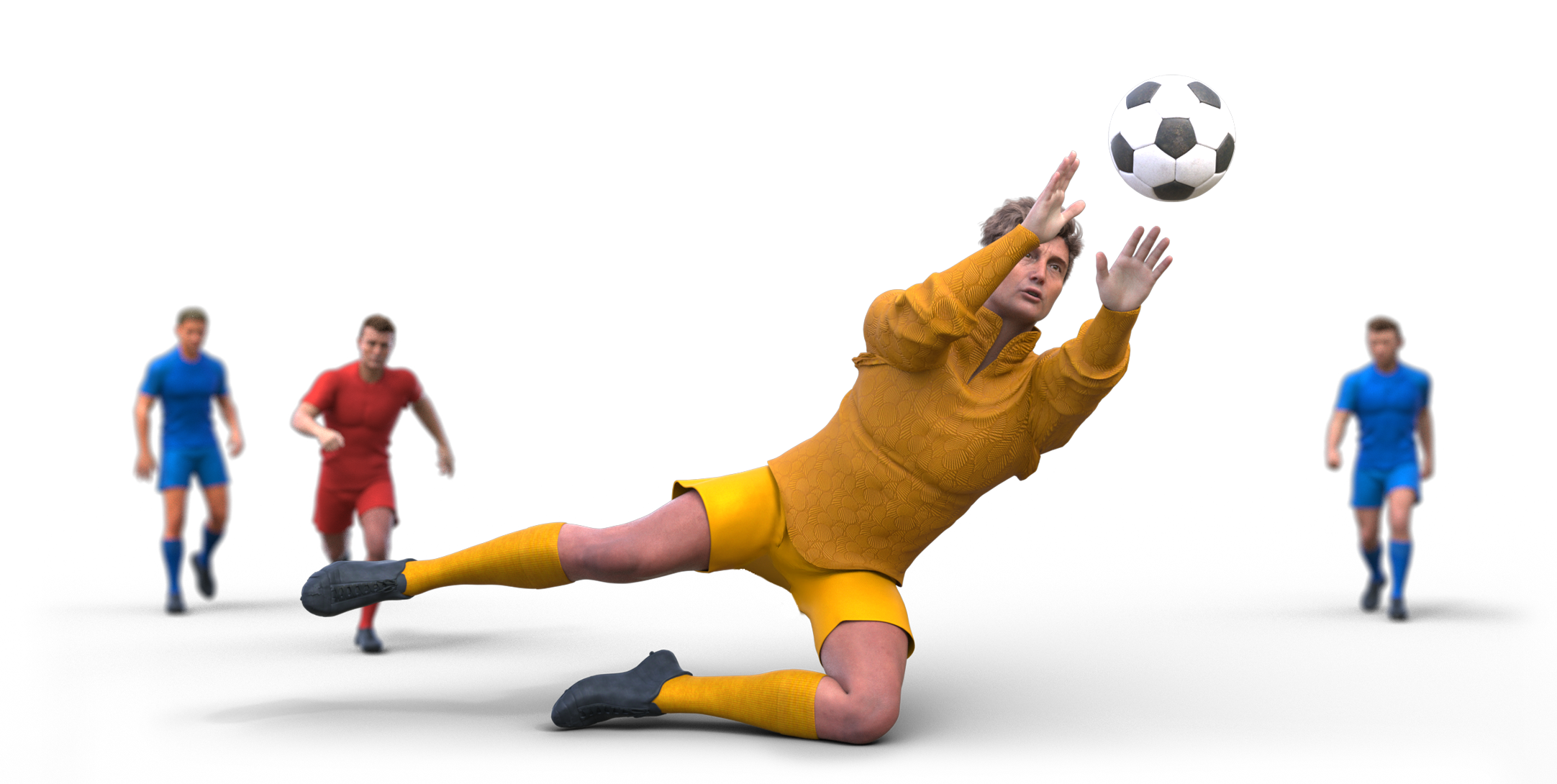 A soccer player in a yellow uniform diving to catch a soccer ball with one arm extended.