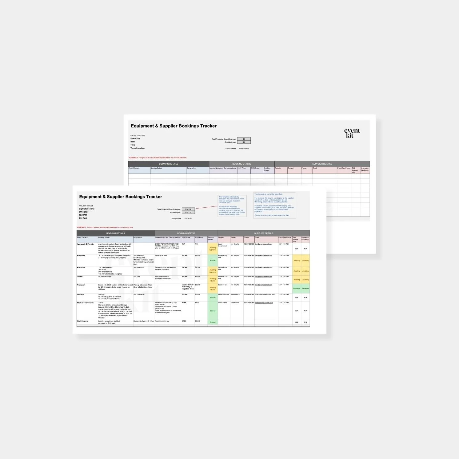Equipment and Supplier Bookings Tracker