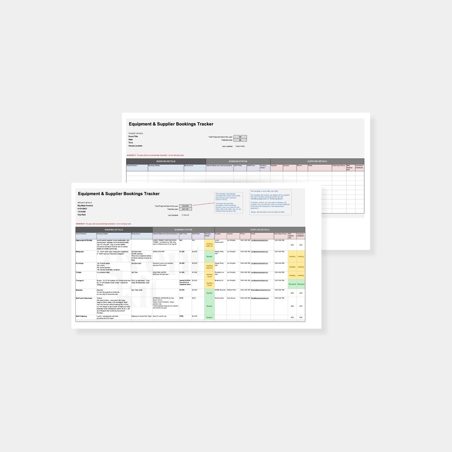 Event Equipment and Supplier Booking Template