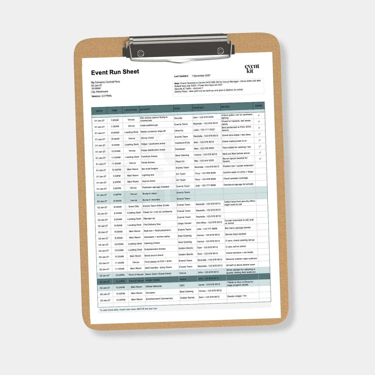 Example of the Run Sheet Template