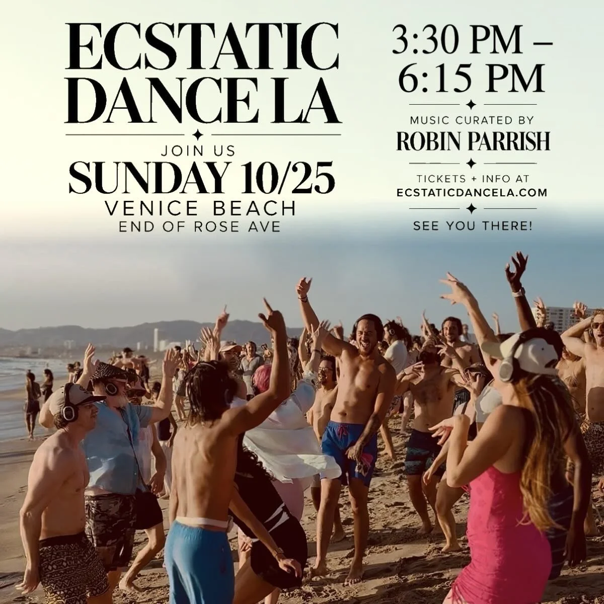 We&rsquo;re dancing TODAY with co-founder Robin Parrish! 🌅🎶

Join us on Venice Beach for an extra special Sunday, closing our dance as the sun sets over the ocean. One more chance to soak up that golden light together,
before we switch to our winte