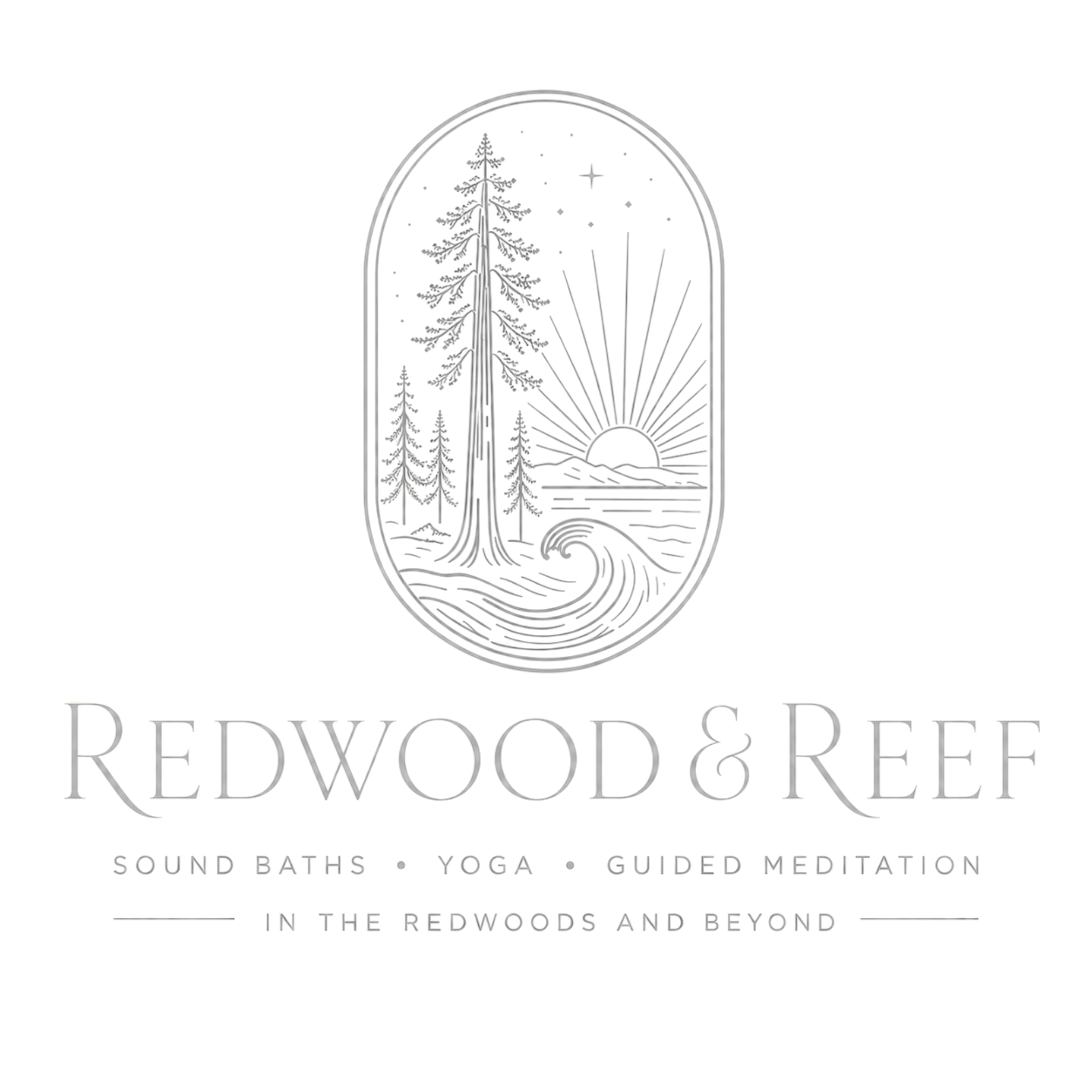 Logo for Redwood & Reef including a stylized redwood tree, sunrise, and text promotion of sound baths, yoga, guided meditation in the Redwoods and beyond.