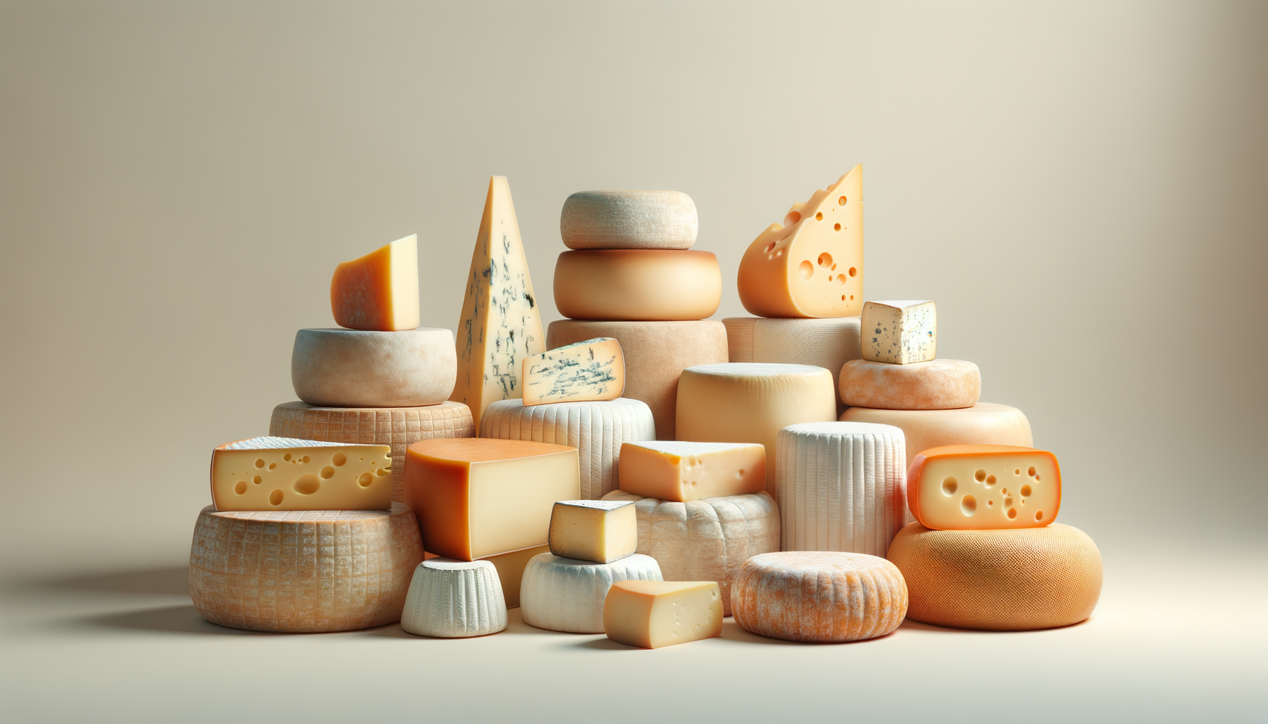 A variety of cheeses of different shapes, sizes, and colors displayed on a plain background.