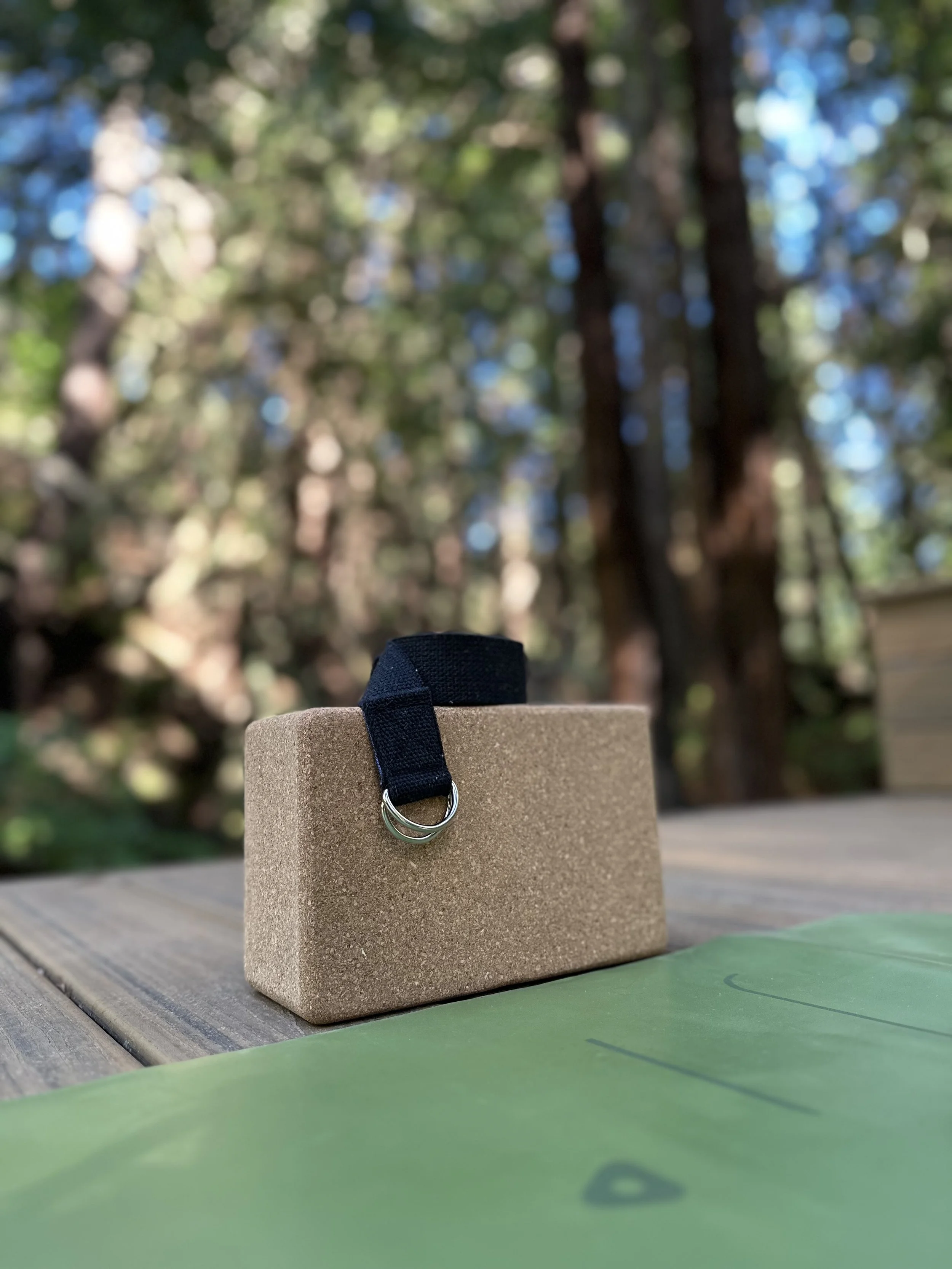 A foam yoga block with a black strap and metal ring resting on top, placed on a wooden surface outdoors with a blurred background of trees and greenery.