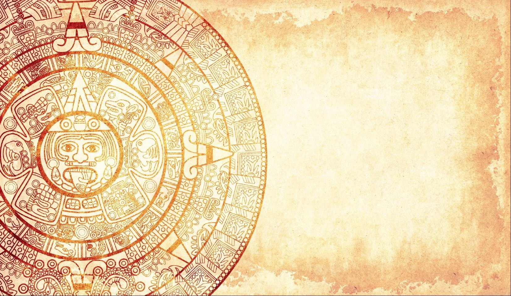Ancient Mayan calendar in gold with detailed symbols and a circle design, fading into a beige background.