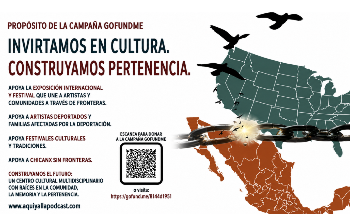 A map showing Mexico with a chain breaking between the northern and southern regions, accompanied by a QR code and Spanish text promoting a cultural campaign supporting international art, displaced artists, cultural festivals, and borderless communities.
