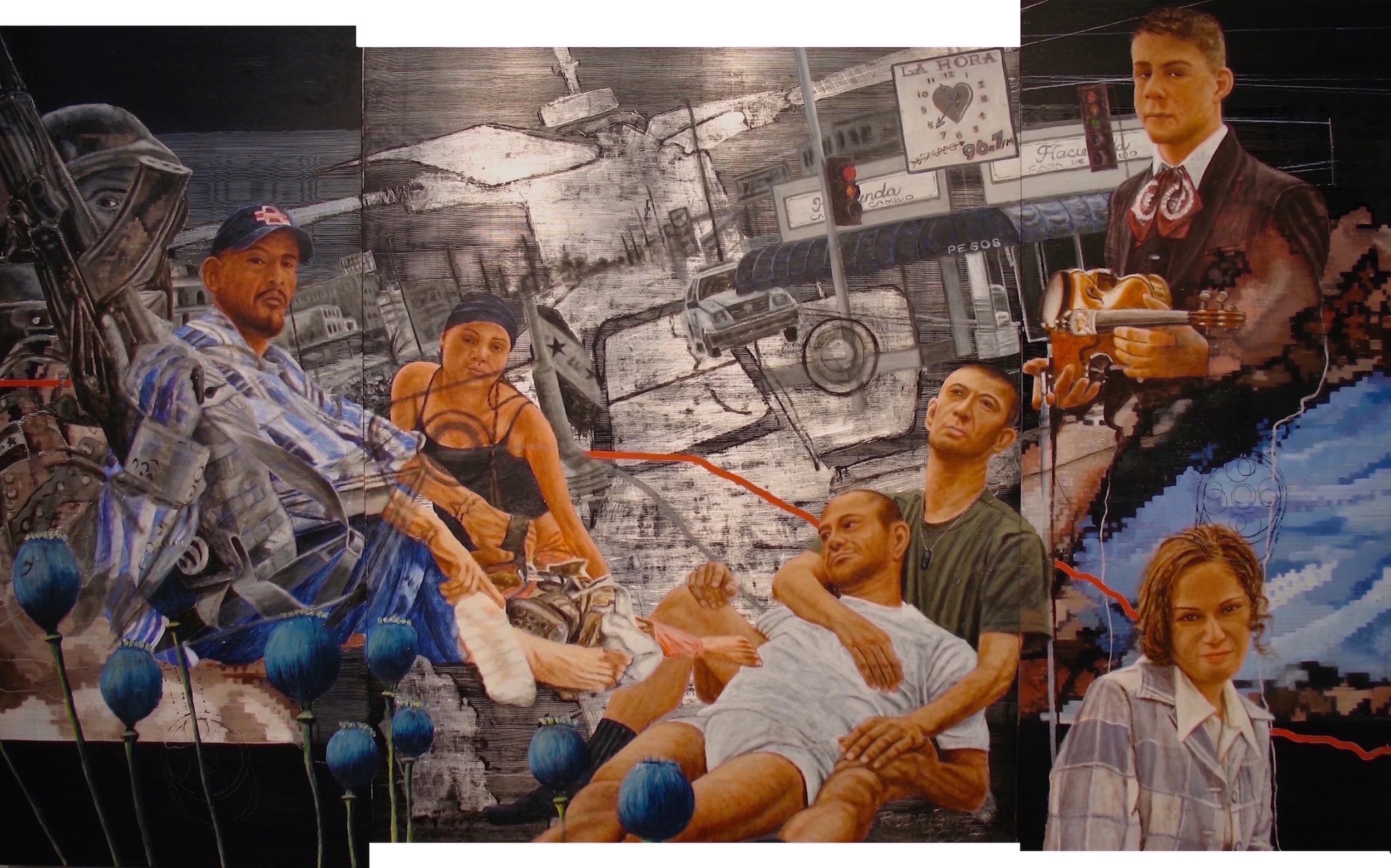 A collage artwork with multiple human portraits, a graffiti-style background, and various objects like cars, a violin, and flowers, in an abstract artistic style.