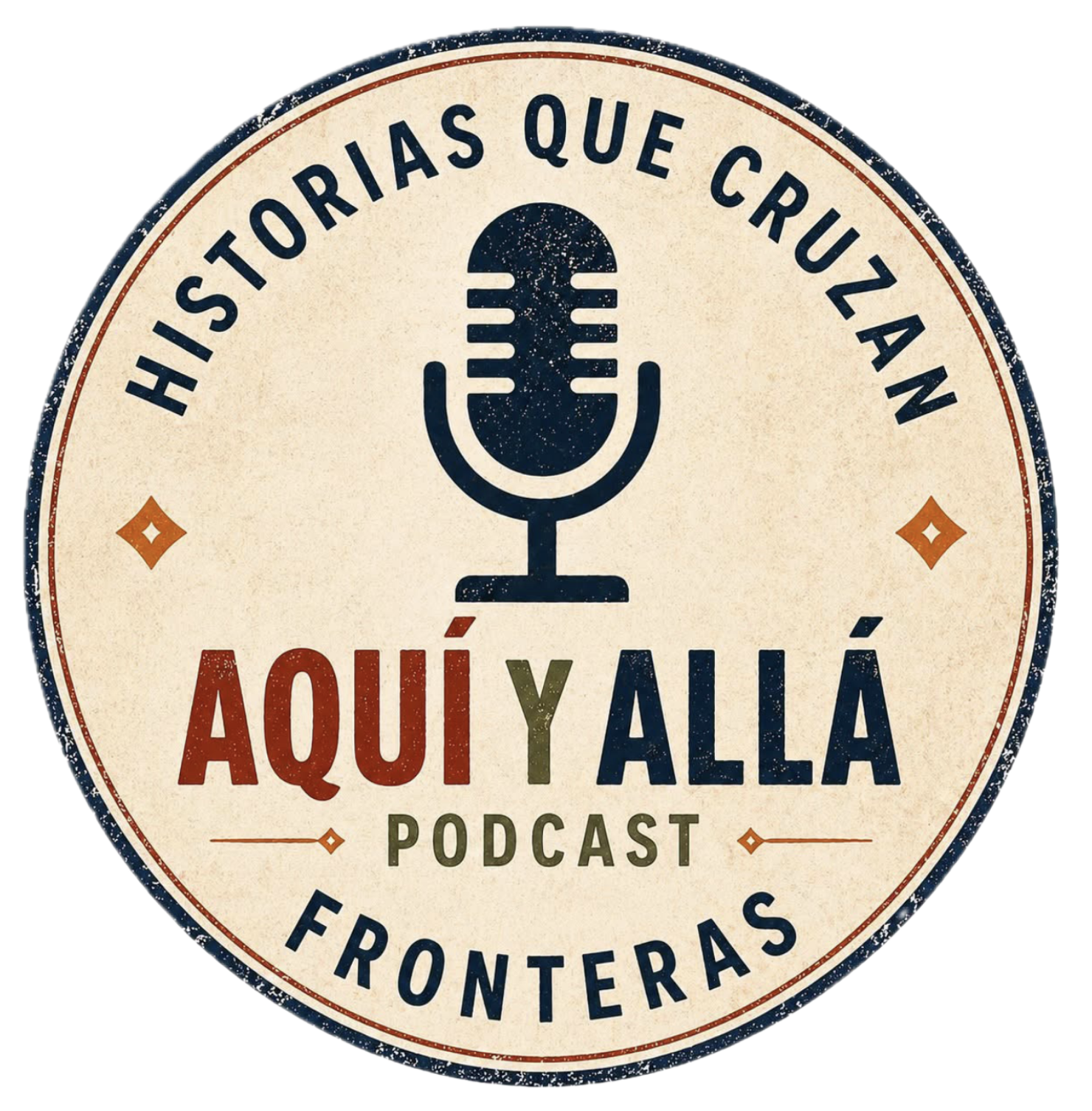 Logo for 'Aquí y Allí' podcast with a vintage style. It features a dark blue microphone in the center, surrounded by circular text in Spanish that reads 'HISTORIAS QUE CRUZAN FRONTERAS' and 'FROM ANTOFAGASTA'. The logo has a beige background with red, blue, and green accents, and small decorative elements.