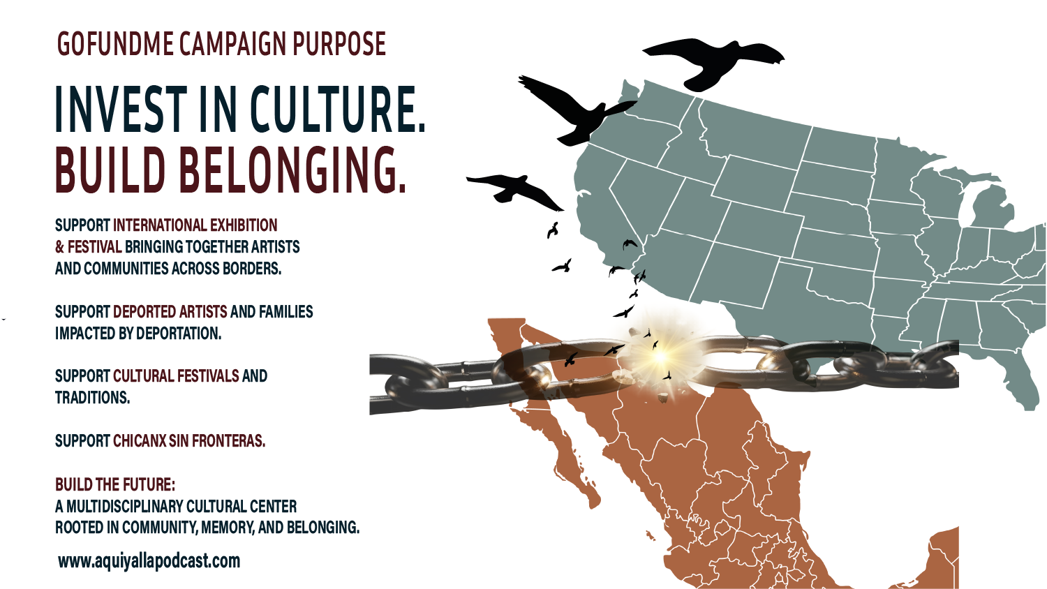 A graphic promoting a cultural campaign, showing a map of the United States and Mexico with an illustration of a broken chain connecting the two countries, overlaid with black birds flying. The left side contains text about supporting international exhibitions, artists, communities, and cultural festivals, and building a multidisciplinary cultural center rooted in community, memory, and belonging.