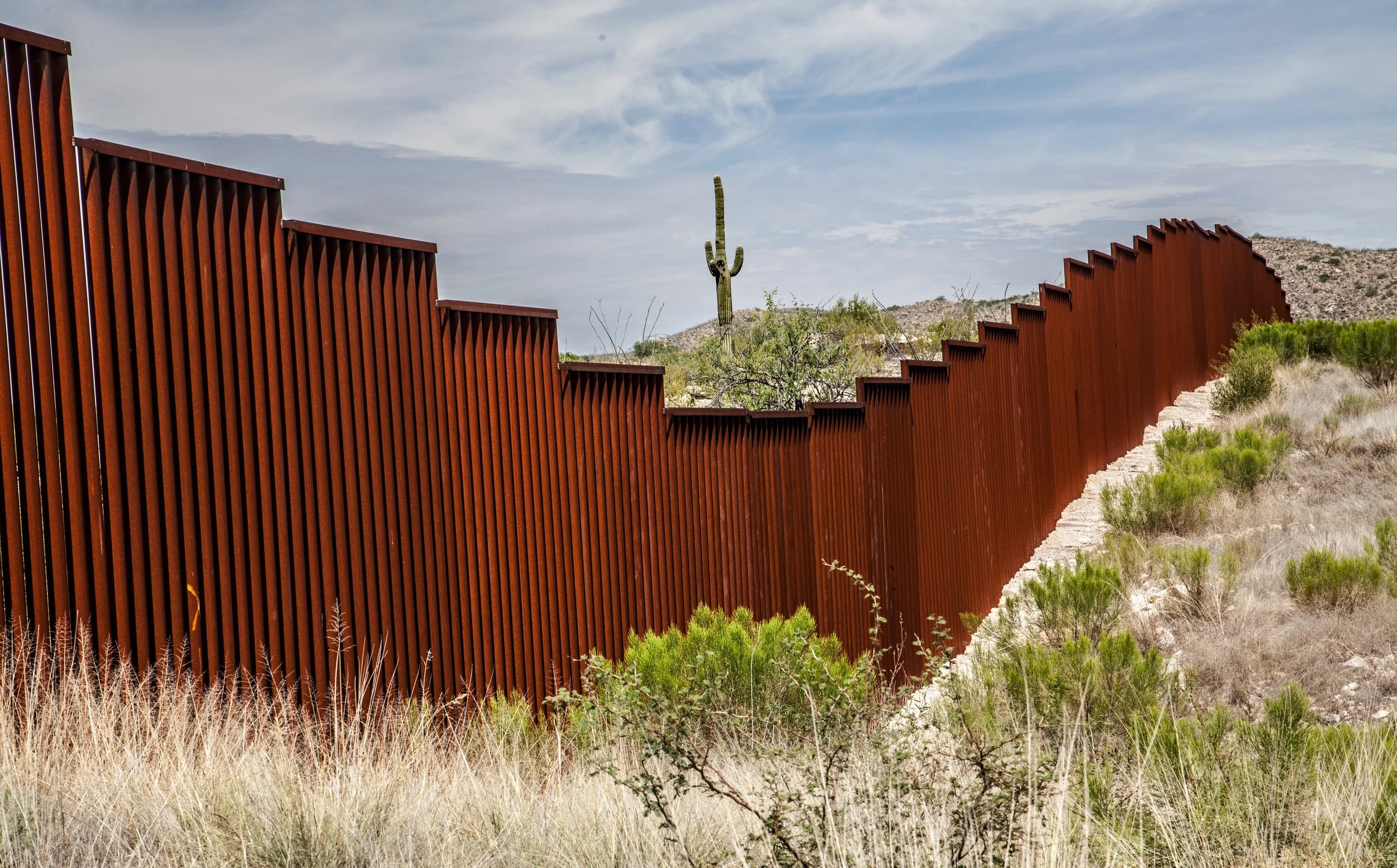 A rusty metal border wall in a desert landscape with sparse greenery, a cactus, and a hilly background under a partly cloudy sky.