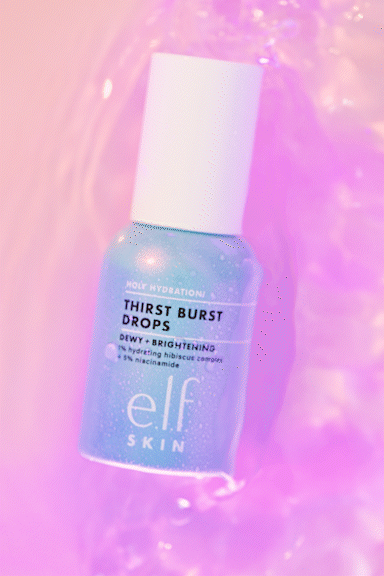 A bottle of elf Skincare Thirst Burst Drops on a pink and purple background.