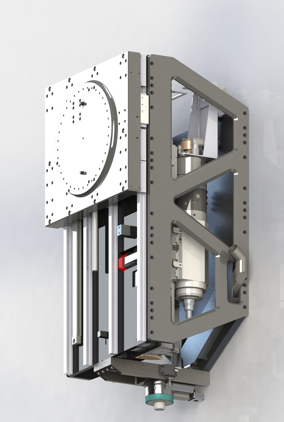A detailed technical image of a robotic or mechanical device with metallic parts and a circular component on a white background.