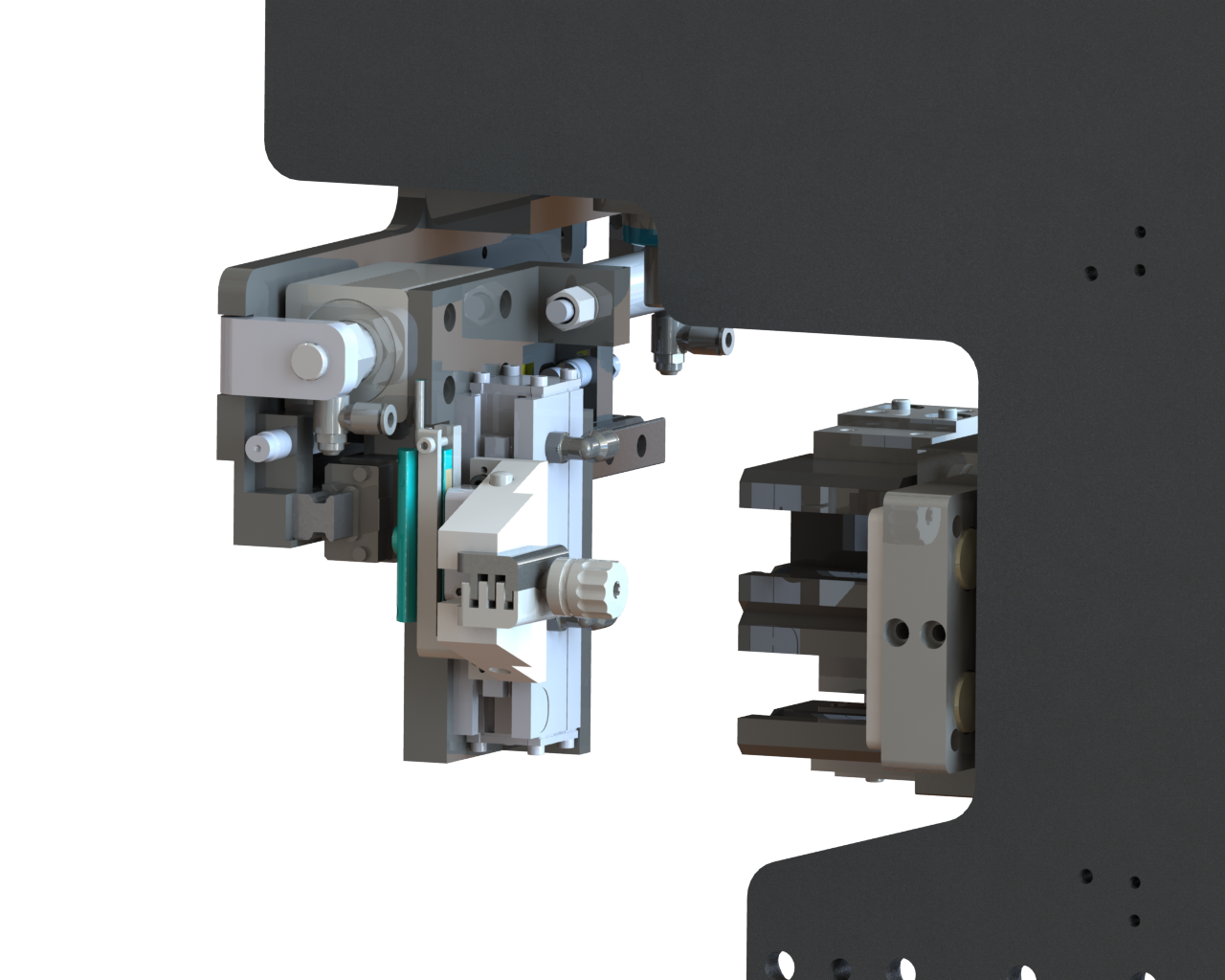 Close-up view of a sophisticated mechanical or electronic device with various small parts and components, including gear mechanisms, screws, and metallic elements.