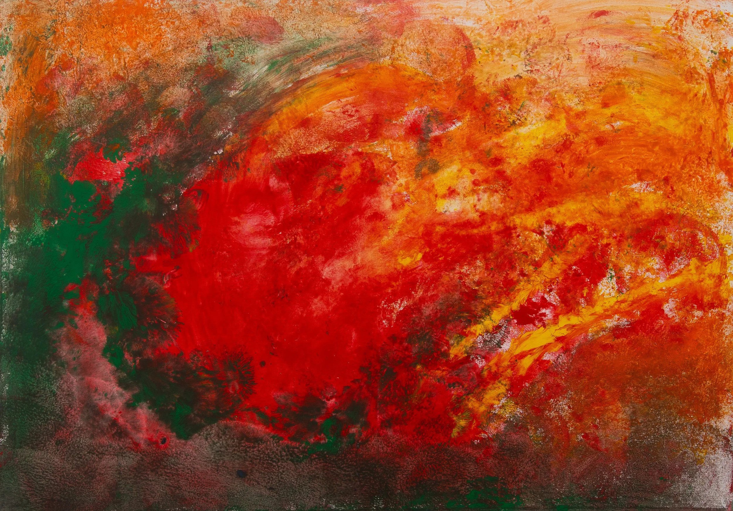 Pintura abstracta con tonos predominantes de rojos, naranjas, amarillos, verdes y negros.