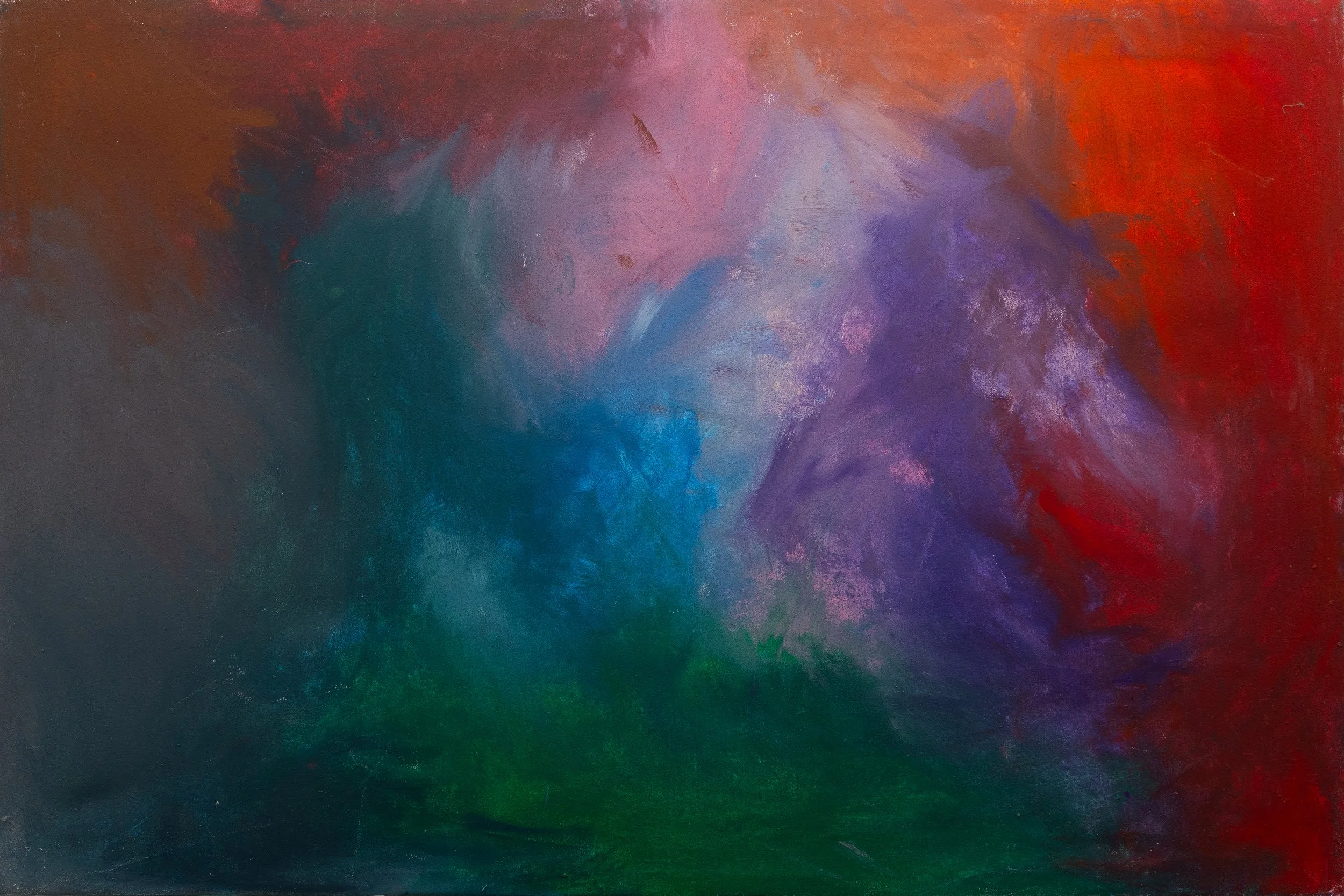 Pintura abstracta con colores vibrantes en tonos de rosa, azul, púrpura, rojo y verde.